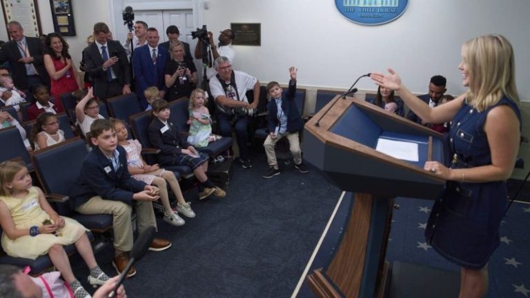 Children take over White House briefing room with questions about Trump’s favorite ice cream, superpower